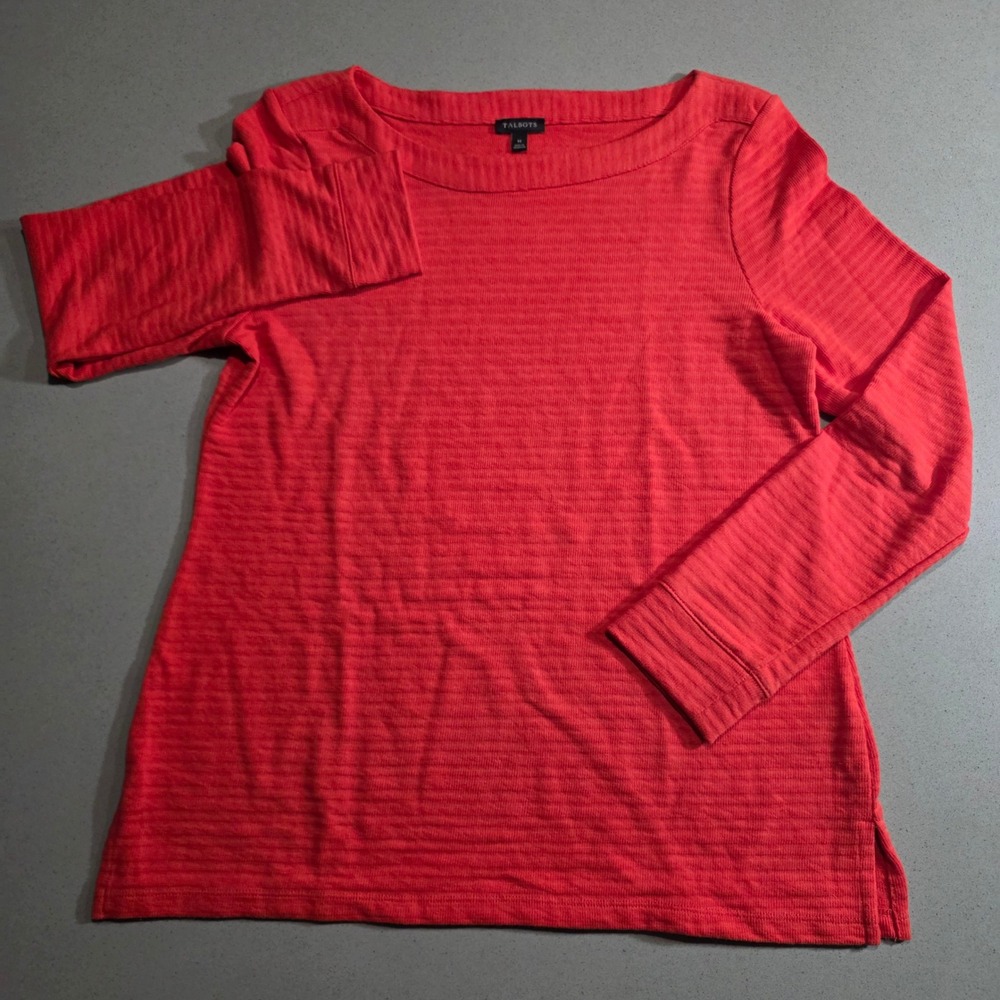 Talbots Womens Medium Coral Red Textured Slub Knit Boat Neck Long Sleeve Top